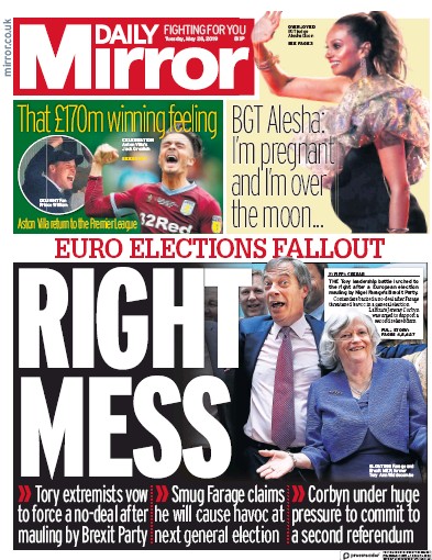 Daily Mirror Newspaper Front Page for 28 May 2019