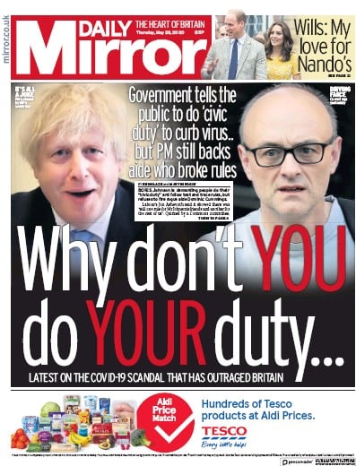 Daily Mirror Newspaper Front Page for 28 May 2020