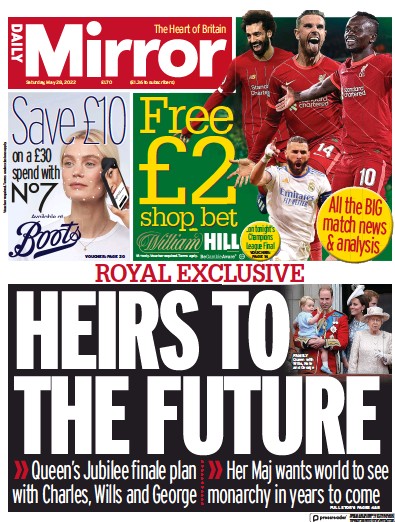 Daily Mirror (UK) Newspaper Front Page for 28 May 2022
