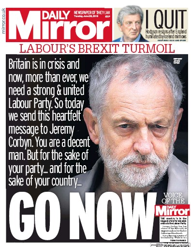 Daily Mirror Newspaper Front Page for 28 June 2016