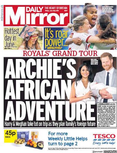 Daily Mirror Newspaper Front Page for 28 June 2019