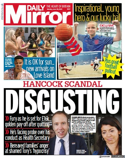 Daily Mirror (UK) Newspaper Front Page for 28 June 2021