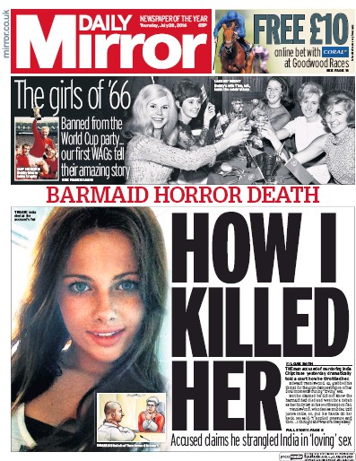 Daily Mirror Newspaper Front Page for 28 July 2016