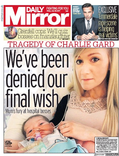 Daily Mirror Newspaper Front Page for 28 July 2017