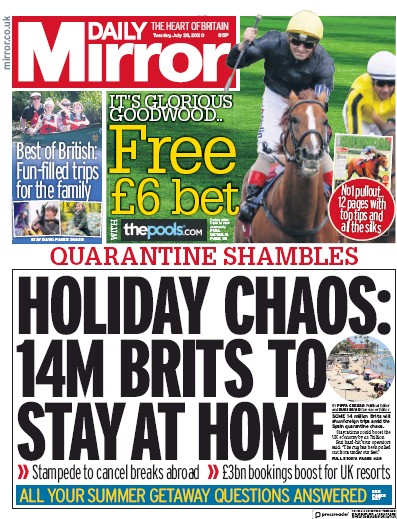 Daily Mirror Newspaper Front Page for 28 July 2020