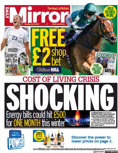 Daily Mirror Newspaper Front Page for 28 July 2022