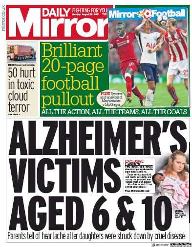 Daily Mirror (UK) Newspaper Front Page for 28 August 2017