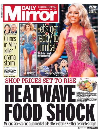 Daily Mirror Newspaper Front Page for 28 August 2018