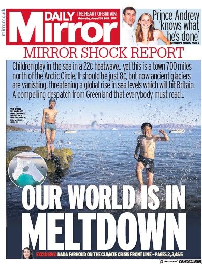 Daily Mirror Newspaper Front Page for 28 August 2019