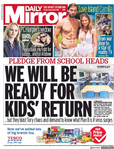 Daily Mirror Newspaper Front Page for 28 August 2020