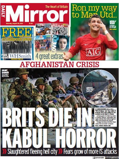 Daily Mirror (UK) Newspaper Front Page for 28 August 2021