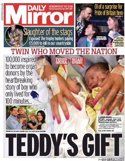 Daily Mirror (UK) Newspaper Front Page for 28 September 2015