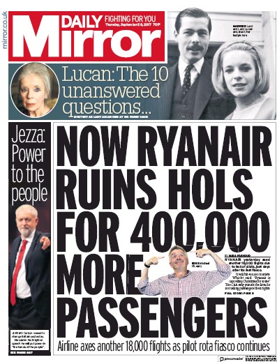 Daily Mirror Newspaper Front Page for 28 September 2017