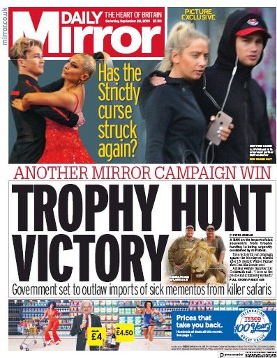 Daily Mirror (UK) Newspaper Front Page for 28 September 2019