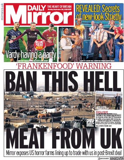 Daily Mirror Newspaper Front Page for 28 September 2020