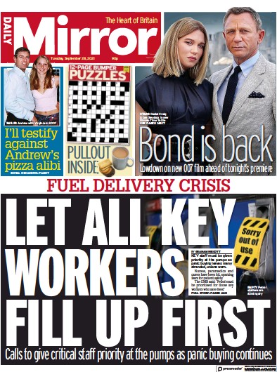 Daily Mirror (UK) Newspaper Front Page for 28 September 2021