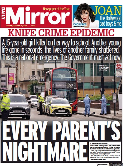 Daily Mirror Newspaper Front Page for 28 September 2023