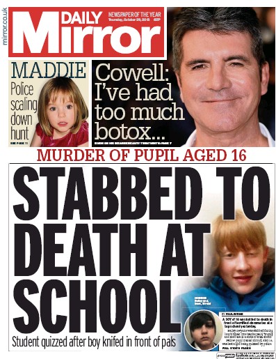 Daily Mirror Newspaper Front Page for 29 October 2015
