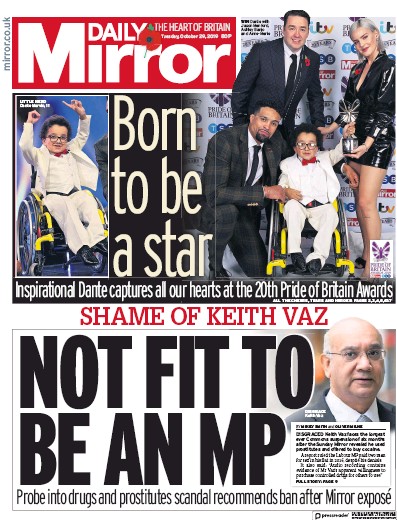 Daily Mirror Newspaper Front Page for 29 October 2019