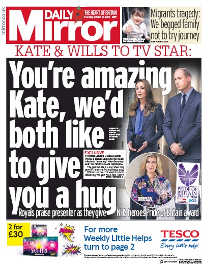 Daily Mirror Newspaper Front Page for 29 October 2020