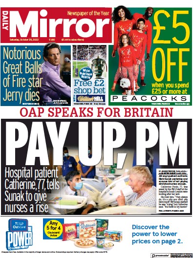 Daily Mirror Newspaper Front Page for 29 October 2022