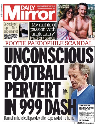 Daily Mirror Newspaper Front Page for 29 November 2016
