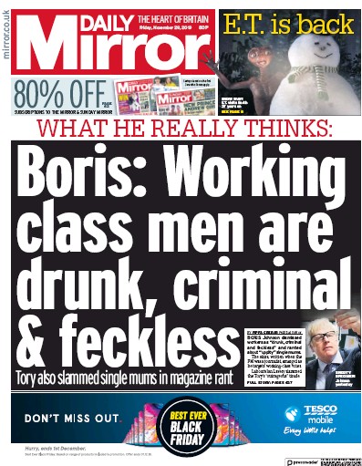 Daily Mirror Newspaper Front Page for 29 November 2019