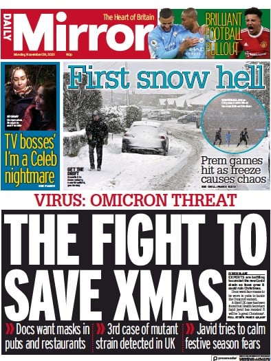 Daily Mirror (UK) Newspaper Front Page for 29 November 2021