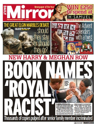 Daily Mirror (UK) Newspaper Front Page for 29 November 2023