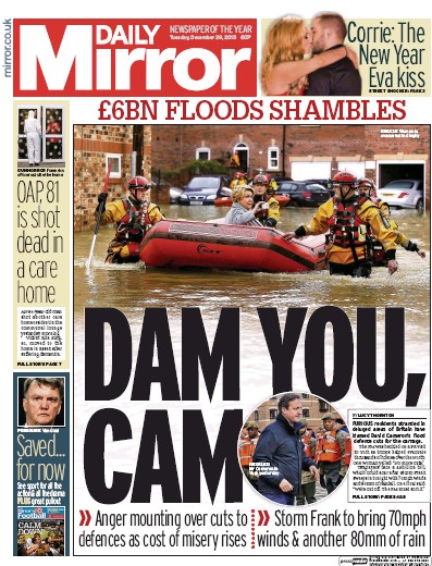 Daily Mirror (UK) Newspaper Front Page for 29 December 2015