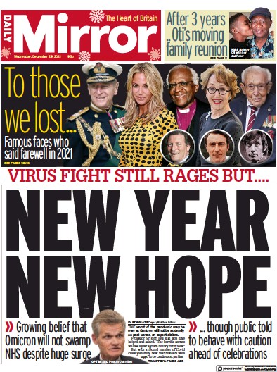 Daily Mirror (UK) Newspaper Front Page for 29 December 2021
