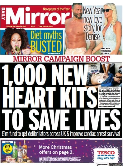 Daily Mirror Newspaper Front Page for 29 December 2022