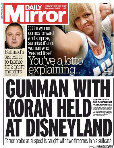 Daily Mirror Newspaper Front Page for 29 January 2016