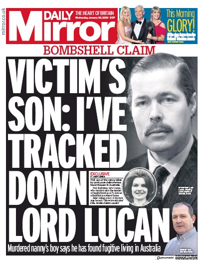 Daily Mirror Newspaper Front Page for 29 January 2020
