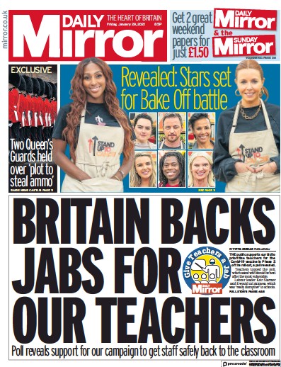 Daily Mirror Newspaper Front Page for 29 January 2021