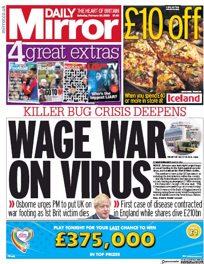 Daily Mirror Newspaper Front Page for 29 February 2020