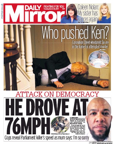 Daily Mirror Newspaper Front Page for 29 March 2017