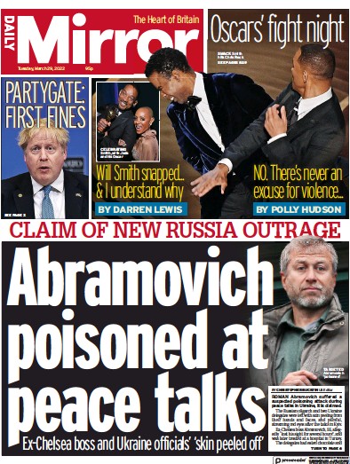 Daily Mirror Newspaper Front Page for 29 March 2022