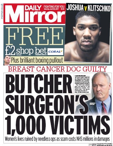 Daily Mirror Newspaper Front Page for 29 April 2017