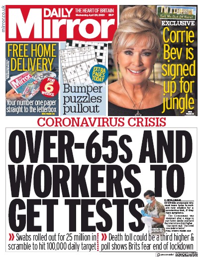 Daily Mirror Newspaper Front Page for 29 April 2020
