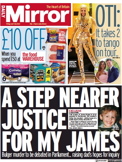 Daily Mirror Newspaper Front Page for 29 April 2022