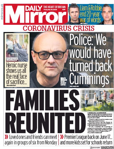 Daily Mirror Newspaper Front Page for 29 May 2020