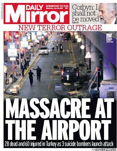 Daily Mirror Newspaper Front Page for 29 June 2016