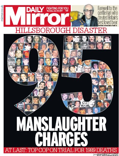 Daily Mirror Newspaper Front Page for 29 June 2017
