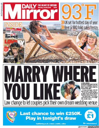 Daily Mirror Newspaper Front Page for 29 June 2019