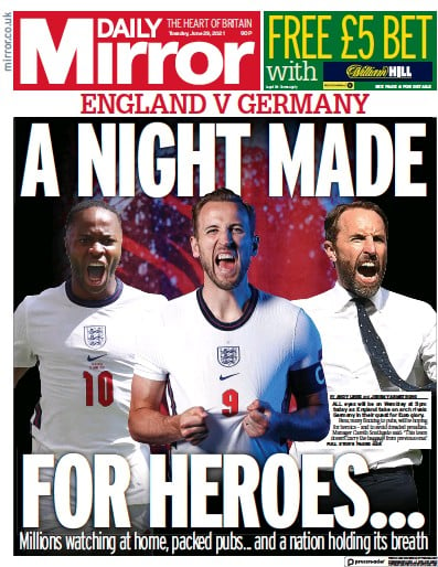 Daily Mirror (UK) Newspaper Front Page for 29 June 2021