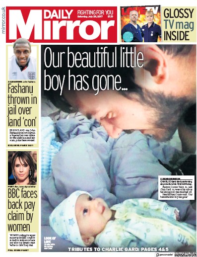 Daily Mirror Newspaper Front Page for 29 July 2017