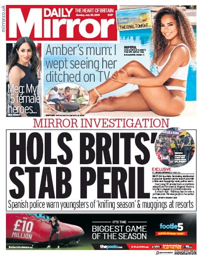 Daily Mirror Newspaper Front Page for 29 July 2019