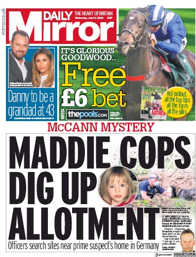 Daily Mirror Newspaper Front Page for 29 July 2020