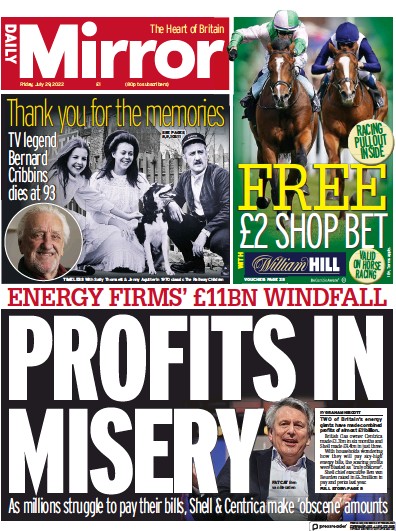 Daily Mirror Newspaper Front Page for 29 July 2022